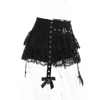 Gothic Alt Grommet Straps Ruffle Lace Mini Skirt