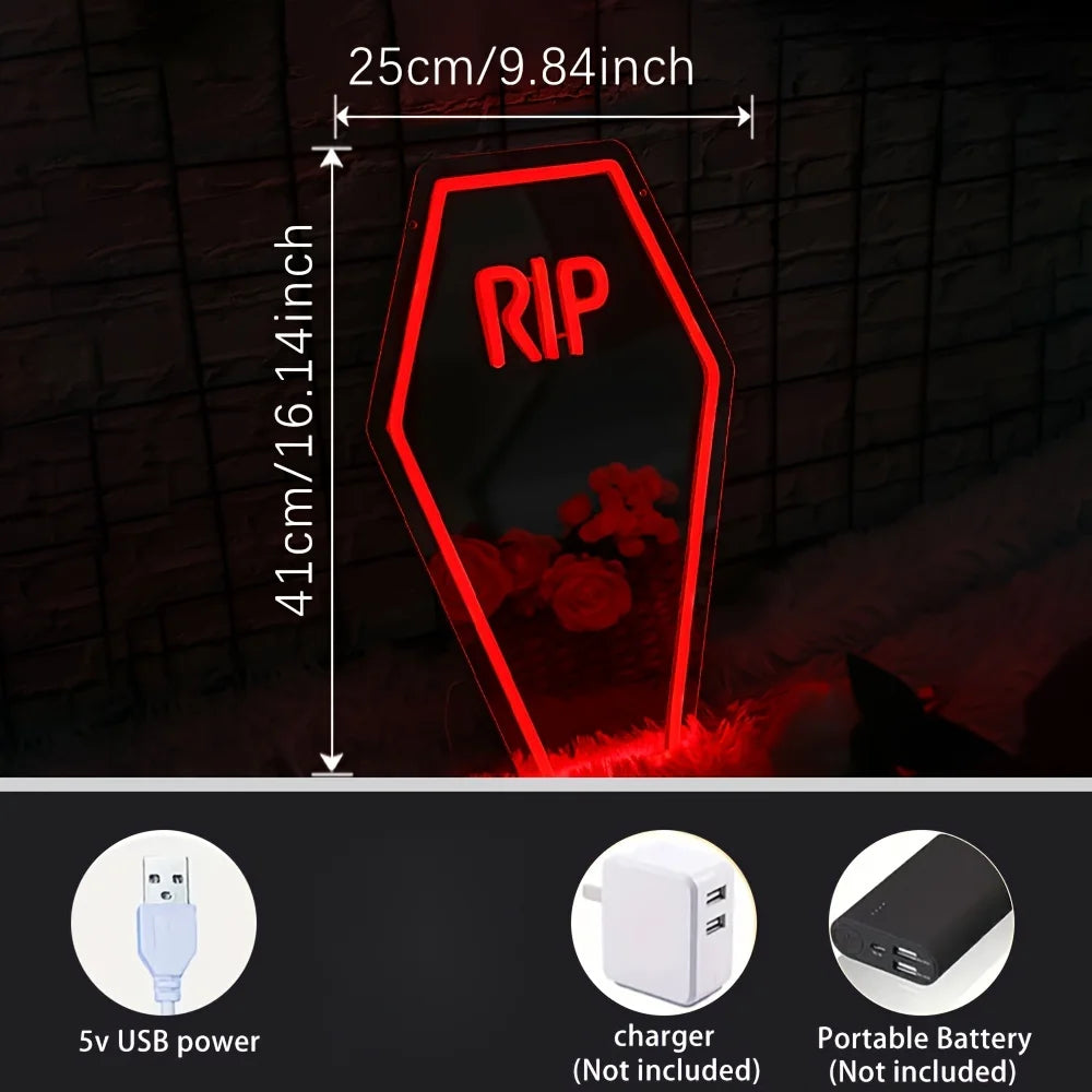 Gothic Vampire RIP Coffin Mirror Decor LED Neon Light