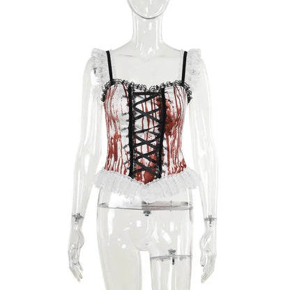 Gothic Alt Goth Halloween Blood Red Print Lace Patchwork Tank Top