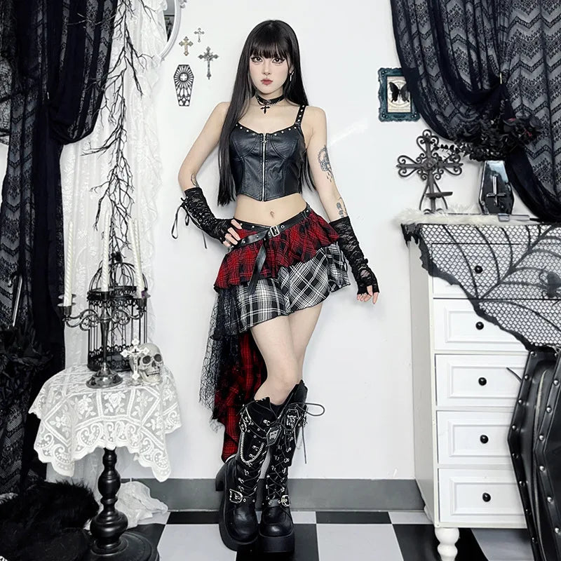 Alt Gothic Grunge Irregular Hem Layered Plaid Mini Skirt