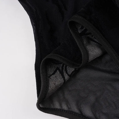 Gothic Y2K Alt Goth Cathedral Print See Through Mesh Flare Cuffs Bodysuit Top