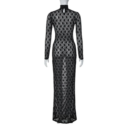 Gothic Dark Feminine Mesh Lace See Through Bodycon Long Dress