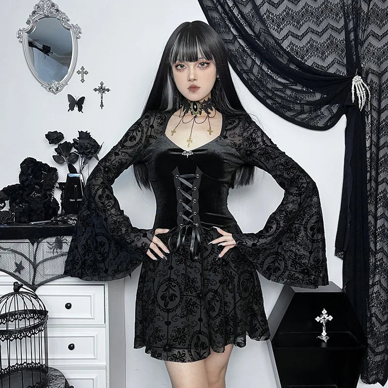 Gothic Romantic Vintage Sheer Bell Sleeves Lace Up Waist Mini Dress