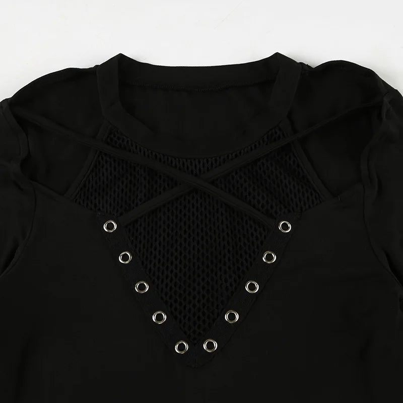 Gothic Alt Goth Fishnet Patchwork Hollow Out Long Sleeve Top