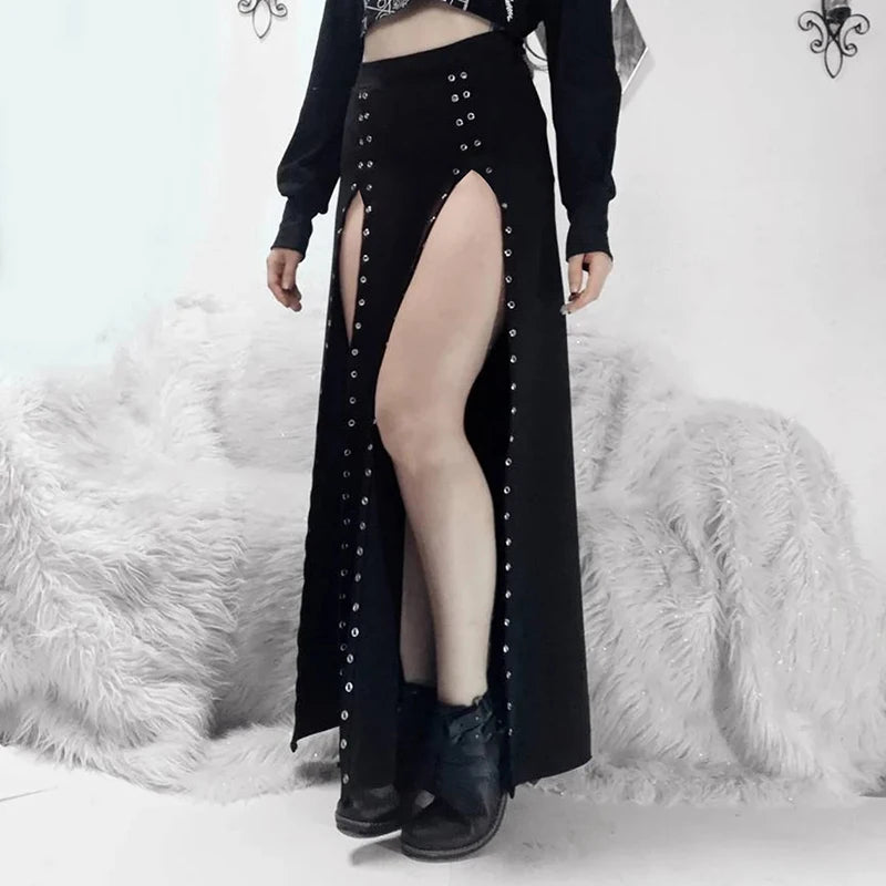 Gothic Double High Slit Open Knit Long Skirt