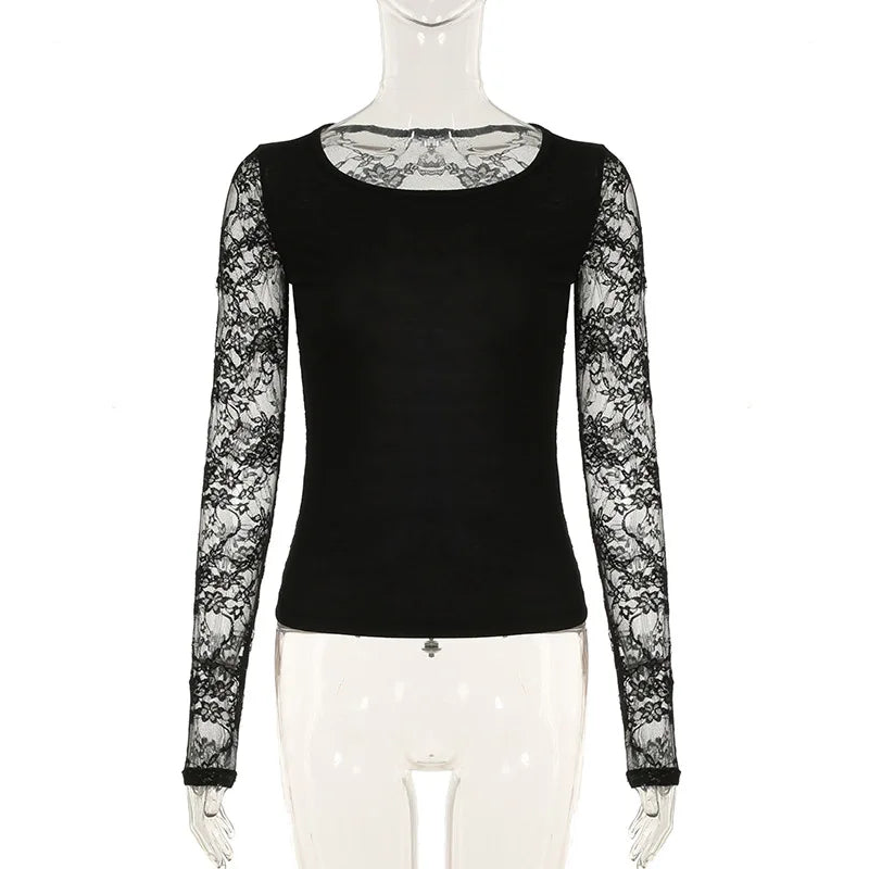 Gothic Alt Goth Lace Sleeves Sheer Back Shirt Top
