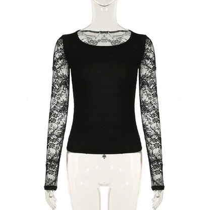 Gothic Alt Goth Lace Sleeves Sheer Back Shirt Top