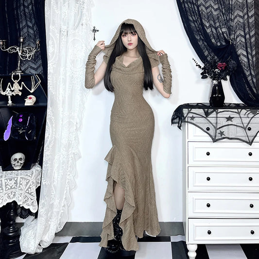 Gothic Beige Goth Hooded Bodycon Long Side Slit Dress with Arm Warmer