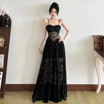 Gothic Lace Jacquard Patchwork Summer Spaghetti Strap Long Dress