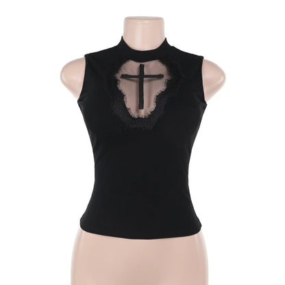 Gothic Coffin Shaped Sheer Cross Patchwork Sleeveless Top