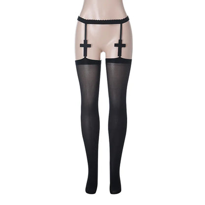 Gothic Alt Goth Cross Suspenders Thigh High Stockings