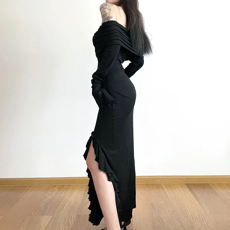 Gothic Romantic Goth Off Shoulder Ruffle Slit Long Sleeve Bodycon Long Dress