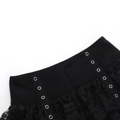 Gothic Alt Grommet Straps Ruffle Lace Mini Skirt