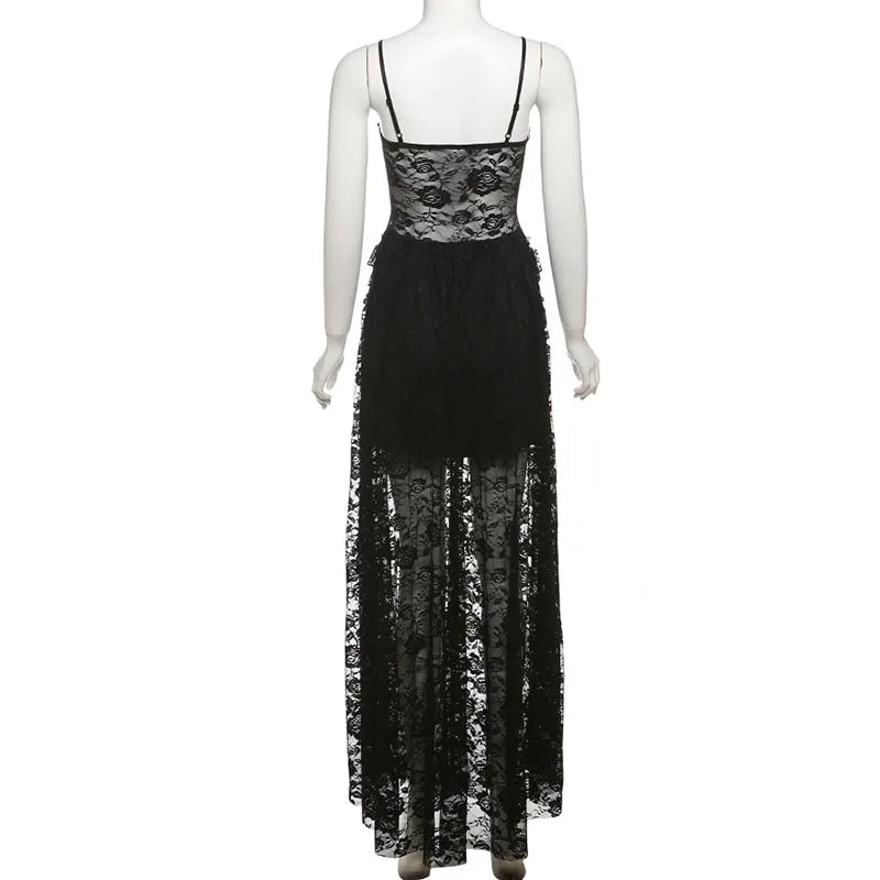 Gothic Lace Jacquard Patchwork Summer Spaghetti Strap Long Dress