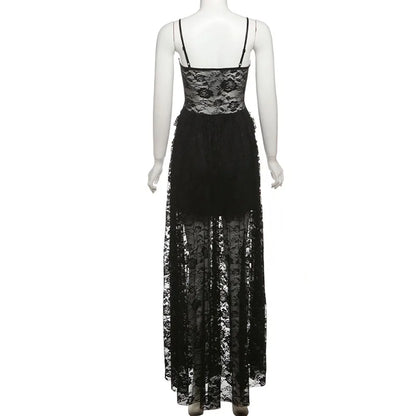 Gothic Lace Jacquard Patchwork Summer Spaghetti Strap Long Dress