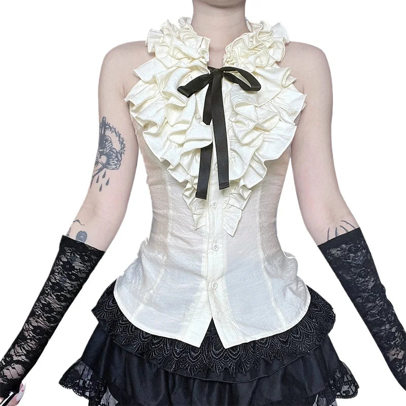 Gothic Victorian Ruffle Collar Bow Tie Sleeveless Vest Top