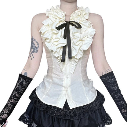 Gothic Victorian Ruffle Collar Bow Tie Sleeveless Vest Top