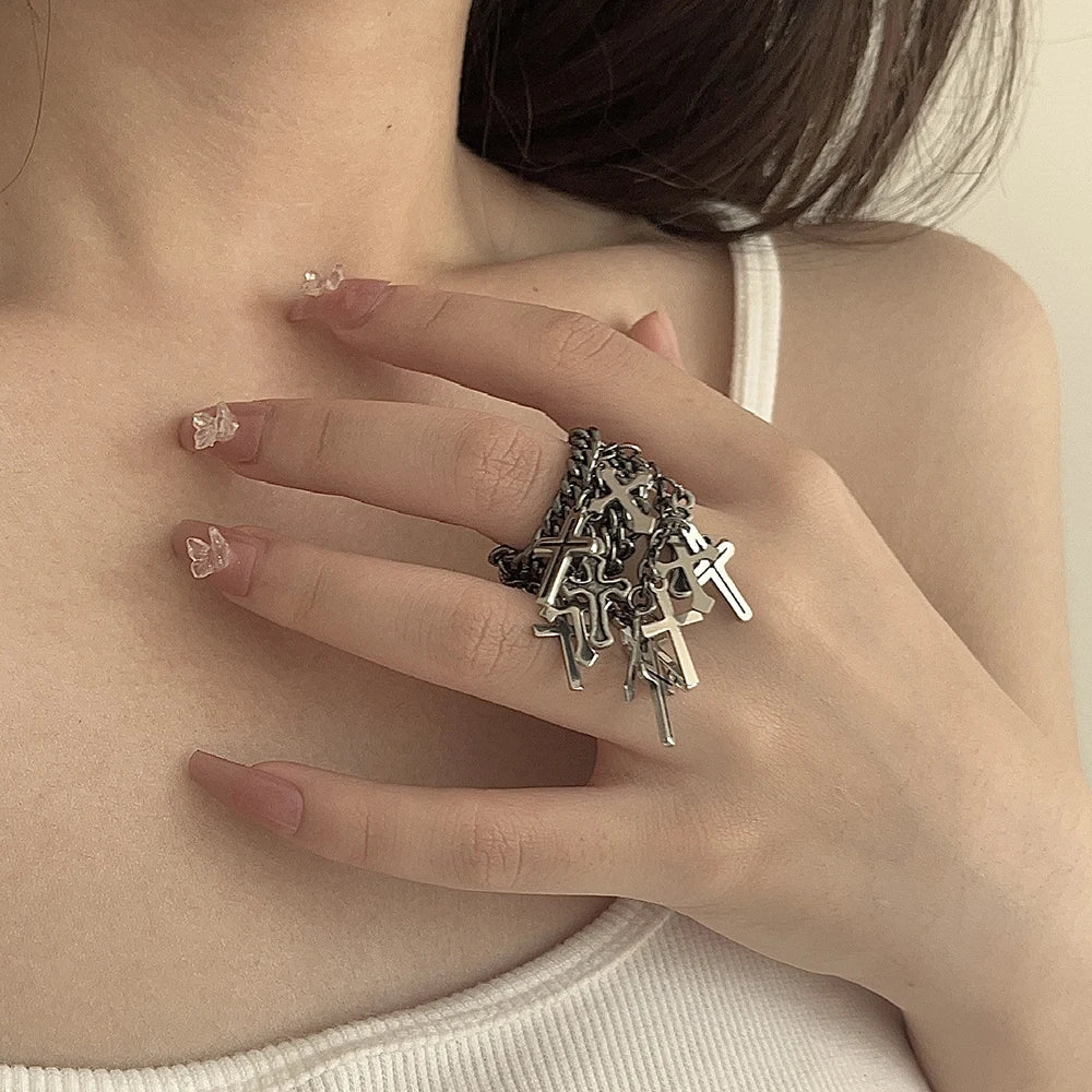 Gothic Multi-Layer Chain Cross Fringe Pendant Ring