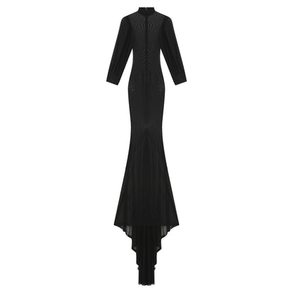 Gothic Romantic Vampire Goth Lantern Sleeve Mesh See Through Court Train Long Dress