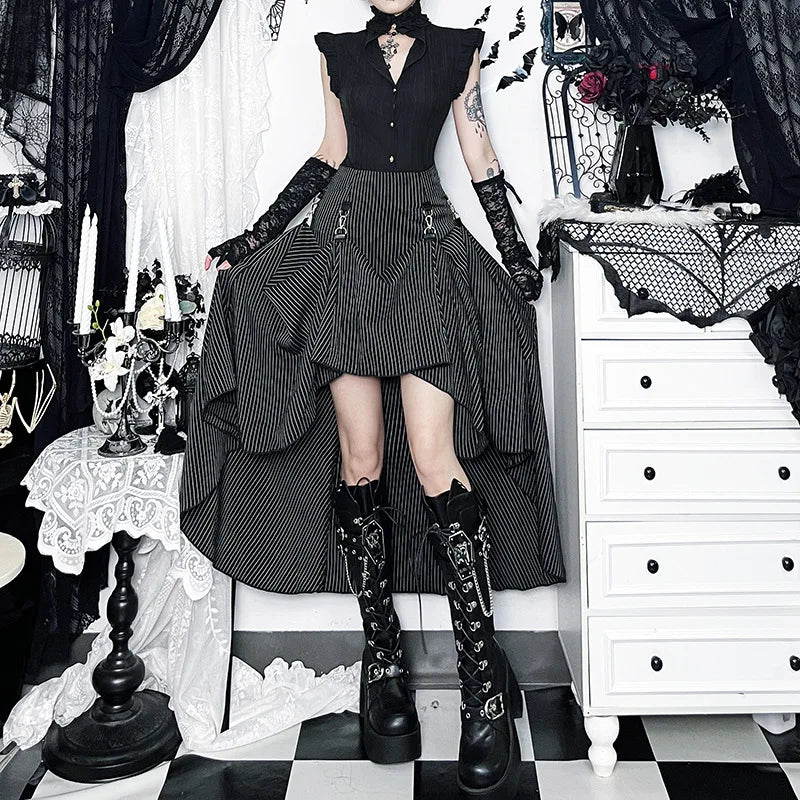 Gothic Alt Goth Pinstriped Ruched Skirt