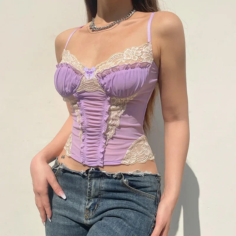 Gothic Romantic Y2K Lace Stitching Lilac Camisole Tank Top