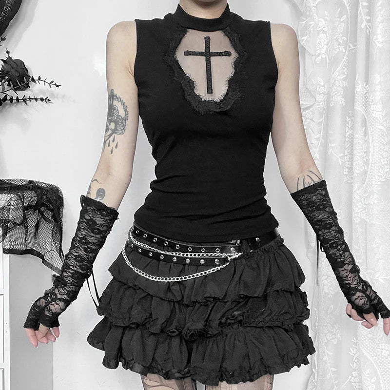 Gothic Coffin Shaped Sheer Cross Patchwork Sleeveless Top