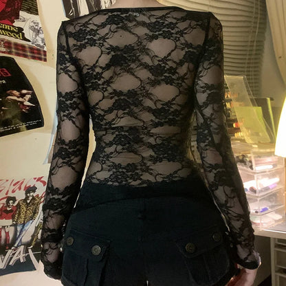 Gothic Alt Goth Lace Sleeves Sheer Back Shirt Top