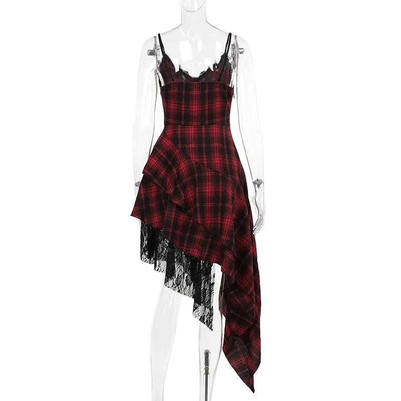 Gothic 90s Goth Red Plaid Lace Patchwork Irregular Hem Dress