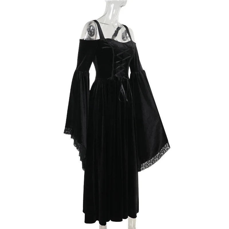 Gothic Romantic Alt Goth Cold Shoulder Bell Sleeve Lace Up Dress