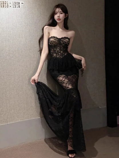 Gothic Alt Goth Mesh Lace Strapless Fishtail Long Dress