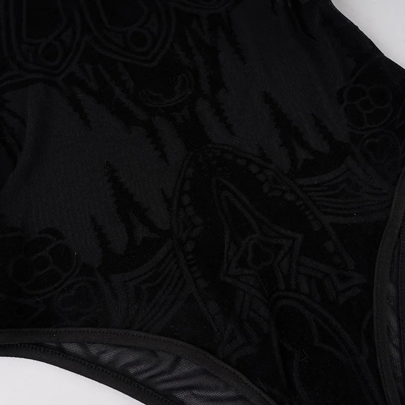 Gothic Y2K Alt Goth Cathedral Print See Through Mesh Flare Cuffs Bodysuit Top