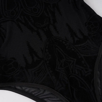 Gothic Y2K Alt Goth Cathedral Print See Through Mesh Flare Cuffs Bodysuit Top