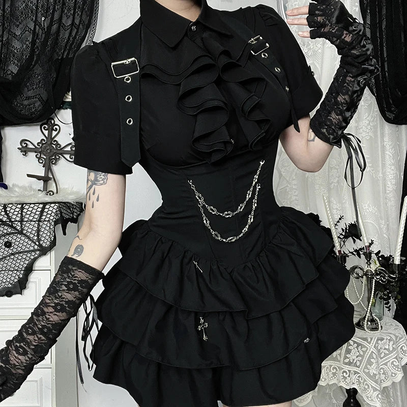 Gothic Dark Academia Goth Vintage Ruffle Short Sleeve Blouse