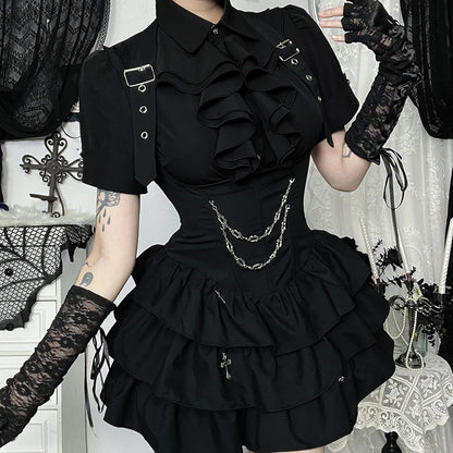 Gothic Dark Academia Goth Vintage Ruffle Short Sleeve Blouse