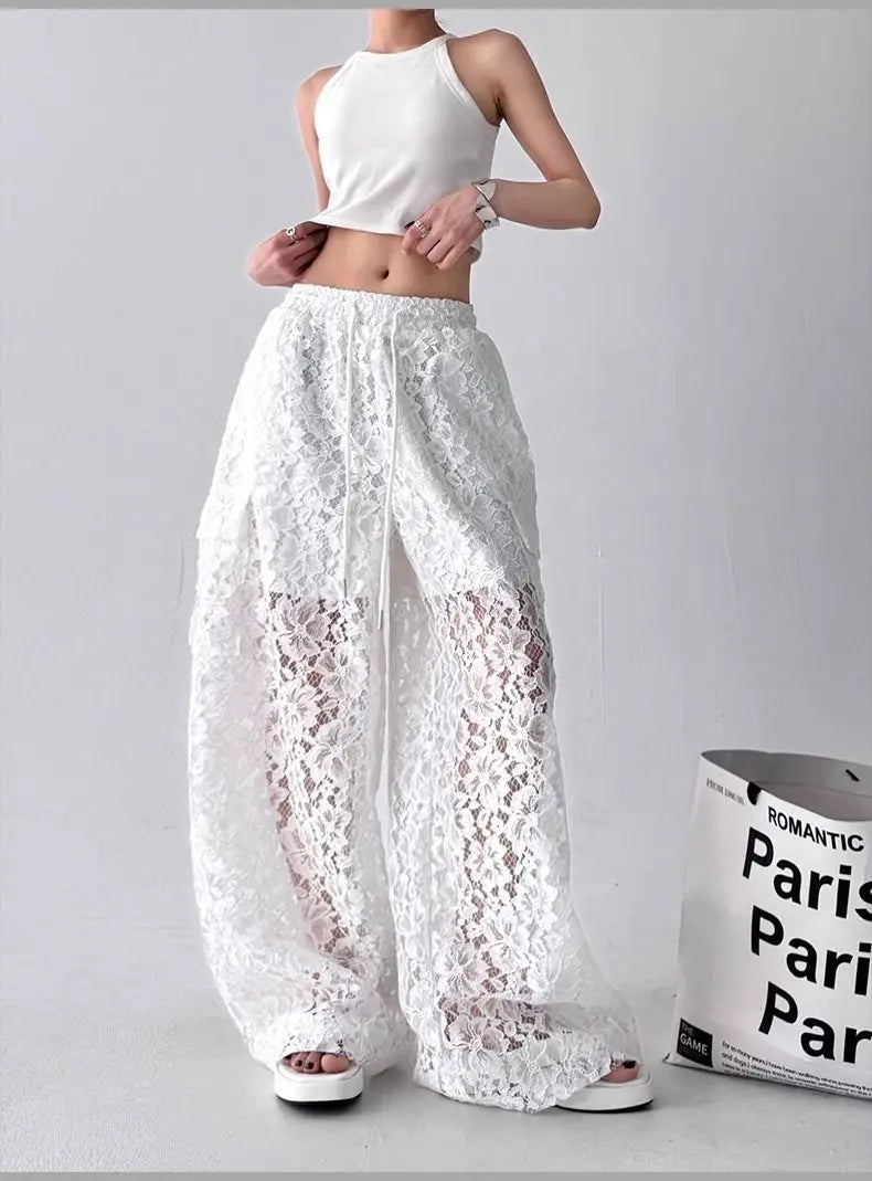 Gothic Y2K Summer Lace Wide Leg Pants (available in 2 colors)