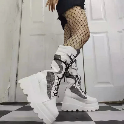 Gothic Alt Goth O-Ring Spiked Buckle Mid-calf Platform Boots