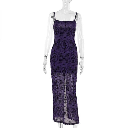 Gothic Alt Y2K Purple Sling Strap Sheer Maxi Dress