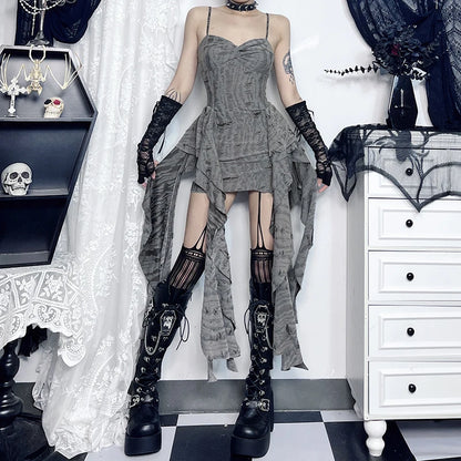 Gothic Y2K Gray Distressed Irregular Hem Patchwork Mini Dress