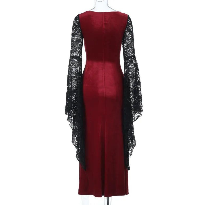 Gothic Romantic Vampire 90s Goth Black Lace Patchwork Red Velvet Double High Slit Long Bodycon Dress
