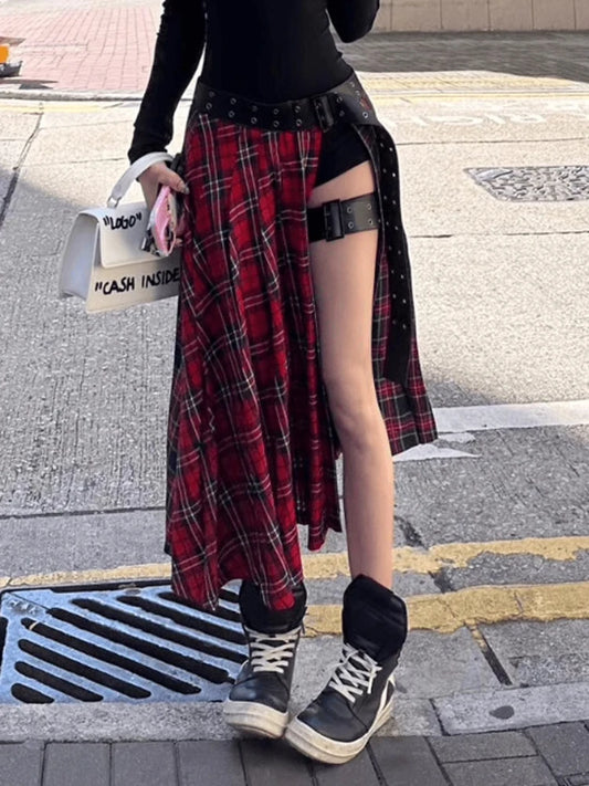 Gothic Grunge 90s Y2K Red Plaid A-Line Side Slit Skirt