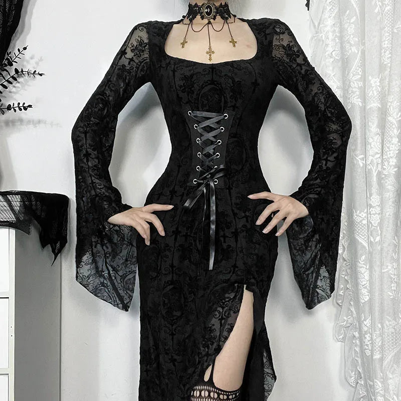 Gothic Romatic Goth Morticia Lace Up Corset Waist Sheer Flare Sleeves Dress