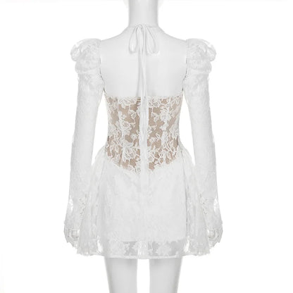 Gothic Romantic Goth Puff Sleeve Corset Waist White Lace Mini Dress