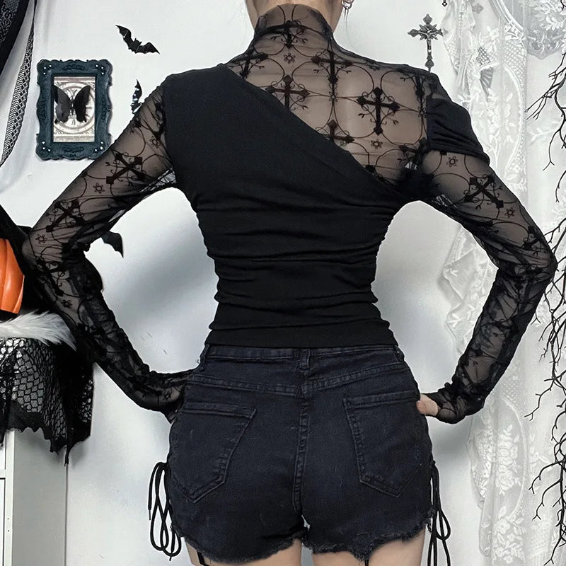 Gothic Alt Goth Y2K Cross Mesh Patchwork Shirt Top