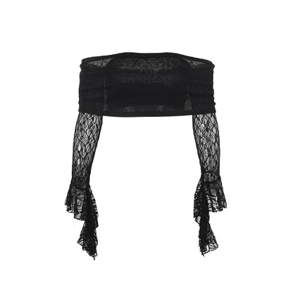 Gothic Alt Goth Off Shoulder Lace Sleeves Crop Top