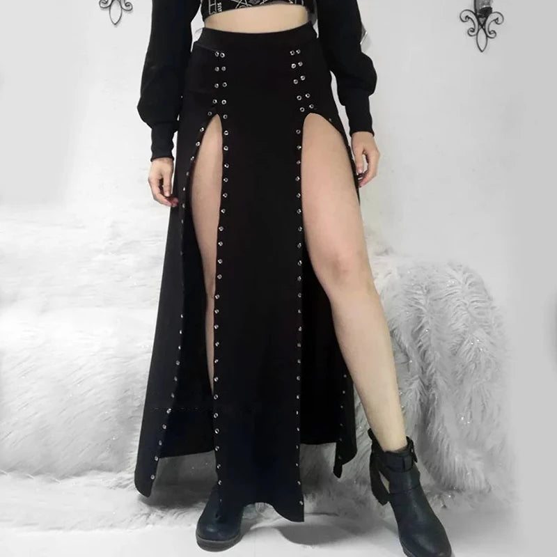 Gothic Double High Slit Open Knit Long Skirt