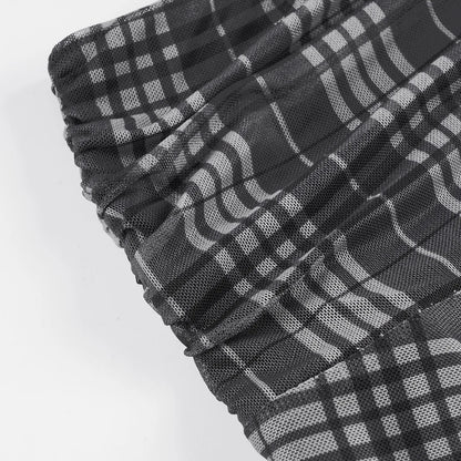Gothic Alt Goth Grunge Y2K Plaid Mesh Patchwork Irregular Hem Midi Skirt