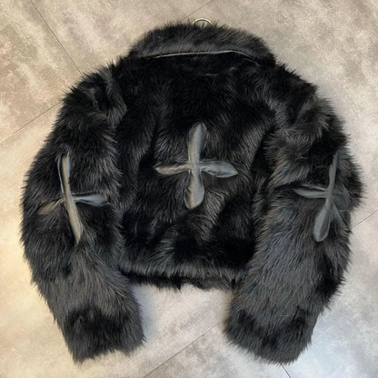 Gothic Alt Goth Y2K Cross Patch Faux Fur Jacket Coat (available in 2 colors)