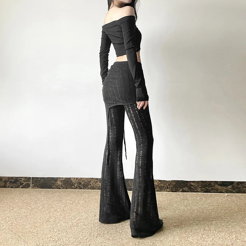 Gothic Alt Goth Y2K Knitted Distressed Skirt Overlay Flared Gothic Alt Goth Y2K Knitted Distressed Skirt Overlay Flared