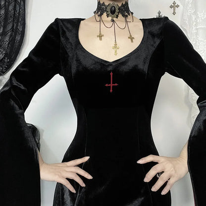 Gothic Alt Vampire Goth Open Bell Sleeves High Slit Long Dress