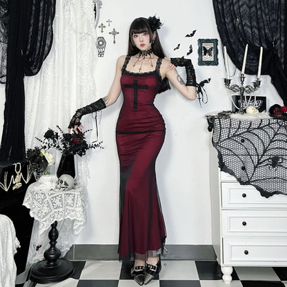 Gothic Alt Goth Cross Pattern Lace Strap Red Bodycon Dress